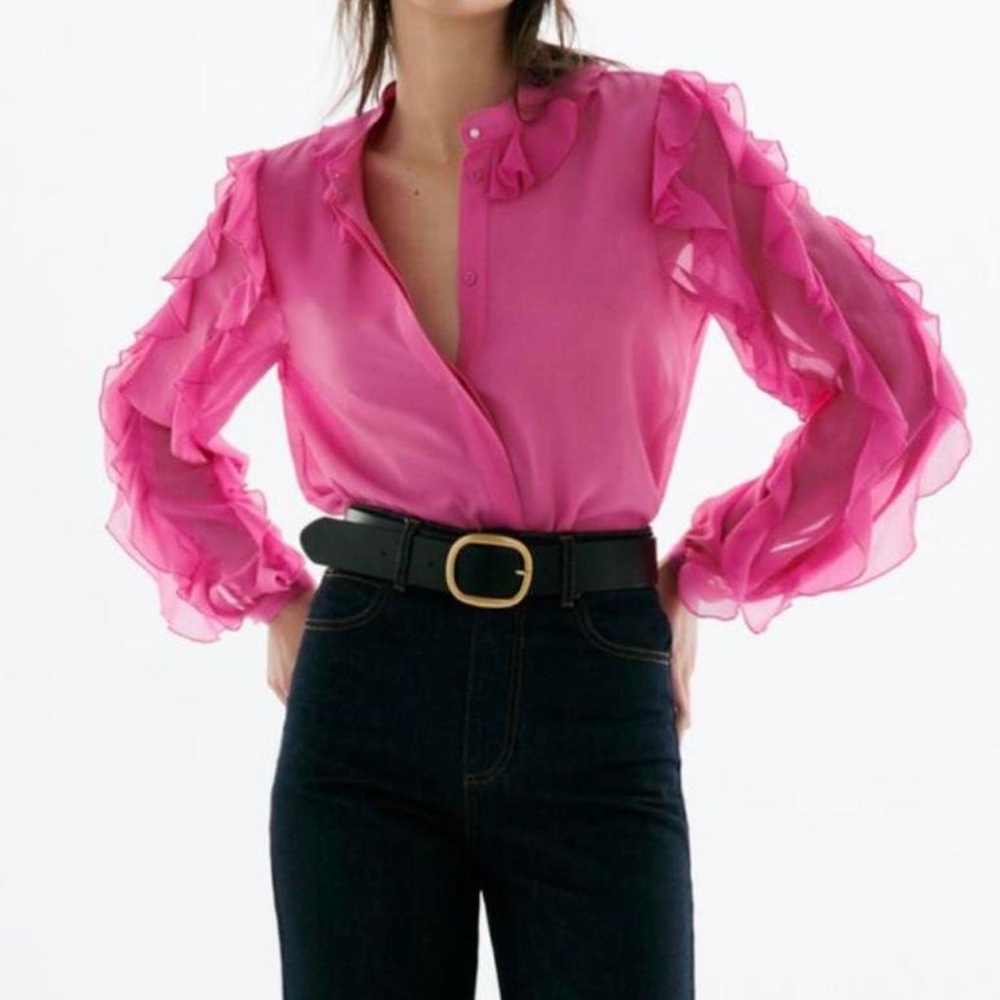 Zara Pink Ruffled Long Sleeve Blouse with Peter Pan Collar